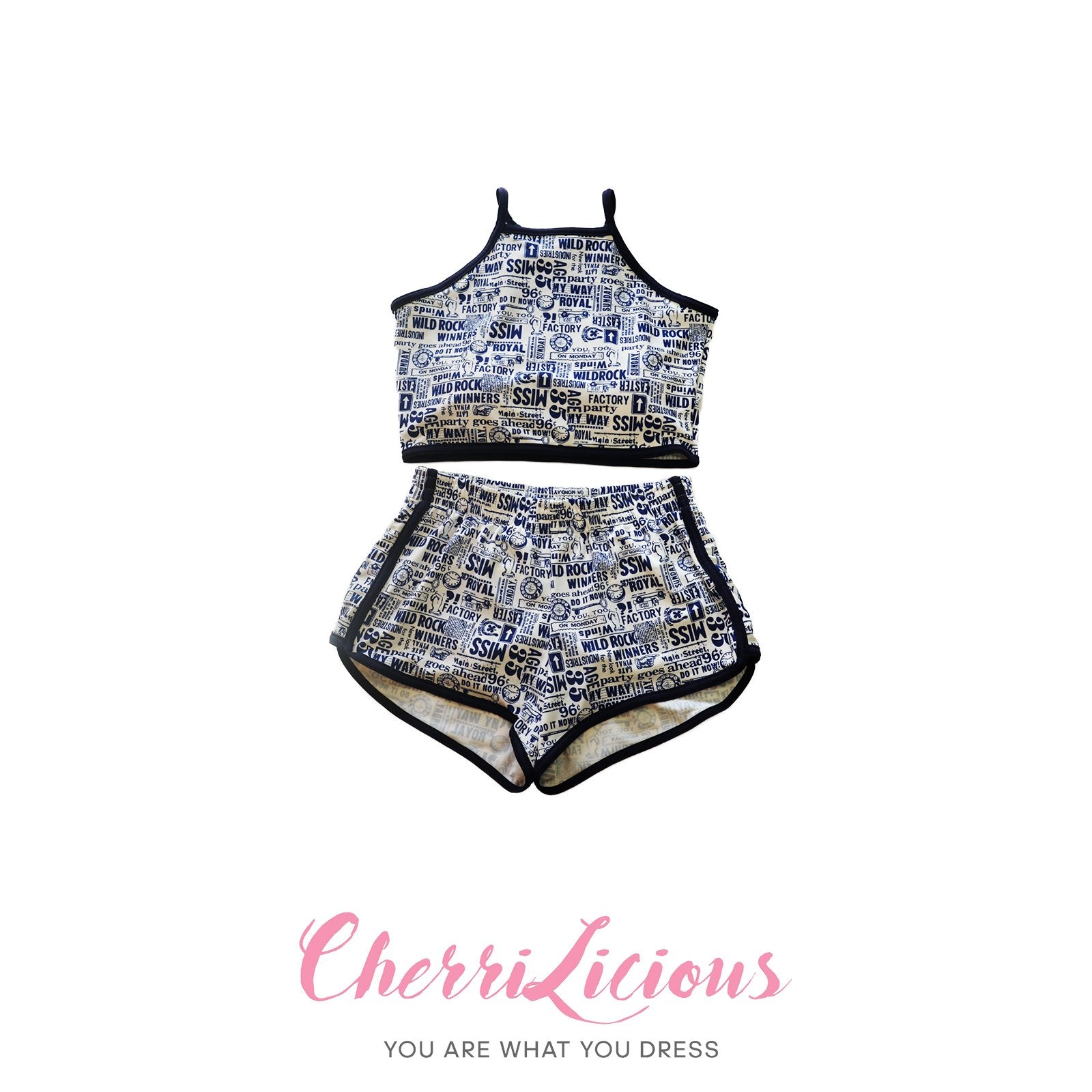 Water Sports Top & Pants Set </br> 文字拼圖水上運動背心短褲套裝 (含內檔) Cherrilicious