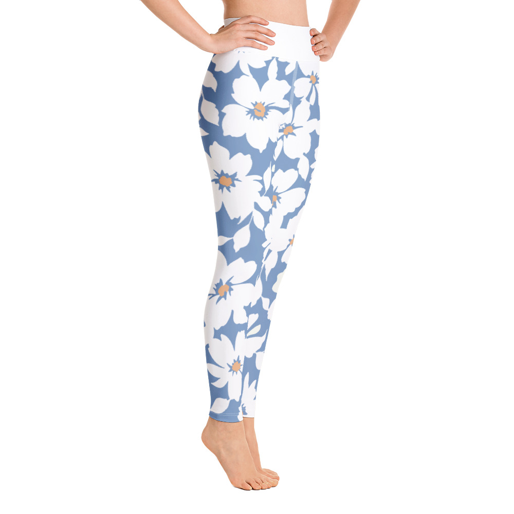 Women's Active Blue Floral Print Workout Leggings. (6 Pack) • High